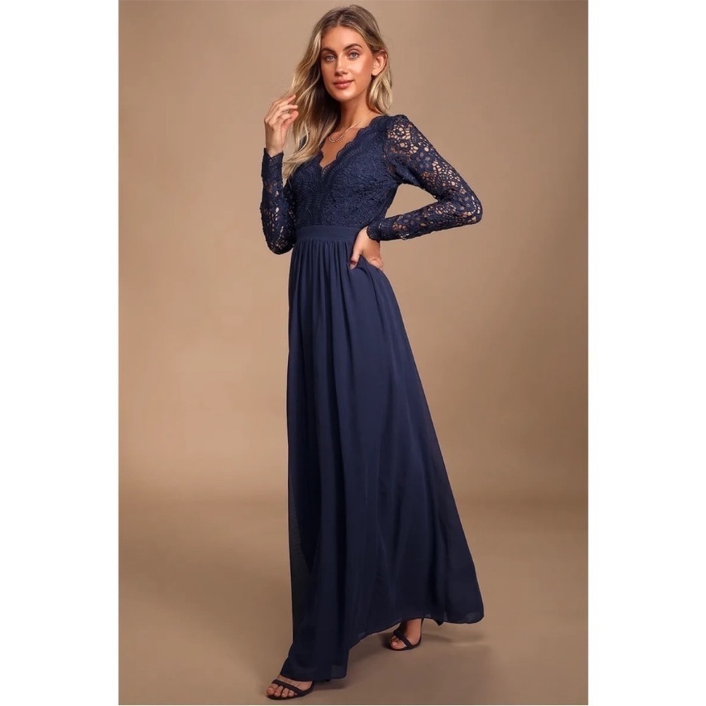 NWT Lulu's Navy Blue Awaken My Love Long Sleeve Lace Maxi Dress- Size M - Picture 3 of 14